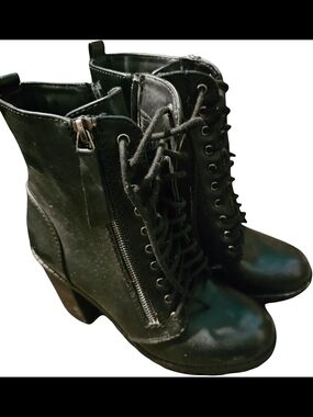 Black Lace Up Ankle Boots Womens Chunky Heel Combat Boots Lug Sole Side Zip
